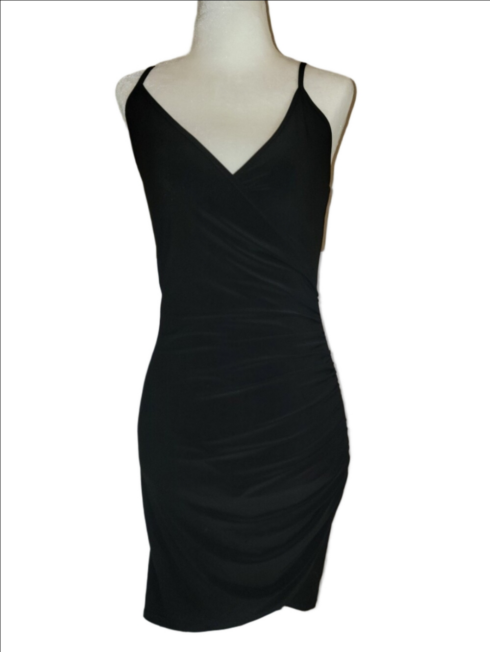 BEBE Black Ruched V-Neck Spaghetti Strap Mini Dress Y2K Style Slinky Sexy LBD - Picture 7 of 14